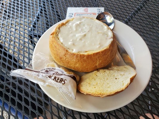 Clam chowder in a breadbowl