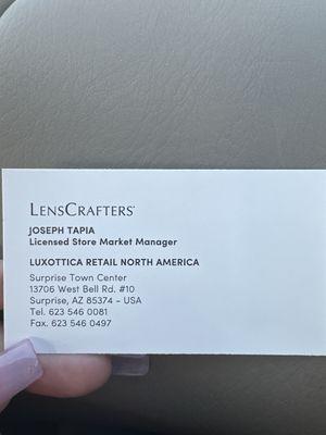 Joseph Tapia business card for LensCrafters