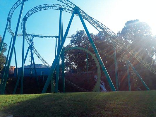 The "inclined loop" (not actually an inversion, FYI) and 2nd vertical loop pictured here. This is a fun, unique terrain coaster!!