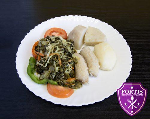 Saltfish and Callaloo w/ Yam and Banana