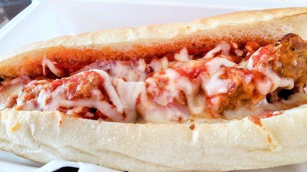 Veal Parm half sub- excellent! Crusty + soft bread, veal is crispy outside + tender inside. Fantastic sauce!