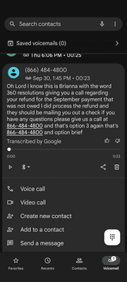 Voicemail left on September 30 letting me know a check was coming.