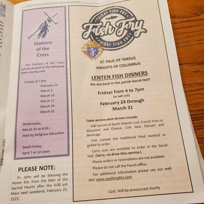 Fish Fry Friday Information from St. Paul Of Tarsus Catholic Church where My sister attends. We always swap papers.  2/19/2023