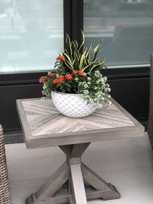 Geometric ceramic bowl with snake plant feature and pop of color livens up this patio