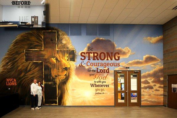 Lion Mural with scripture by Caroline Woods