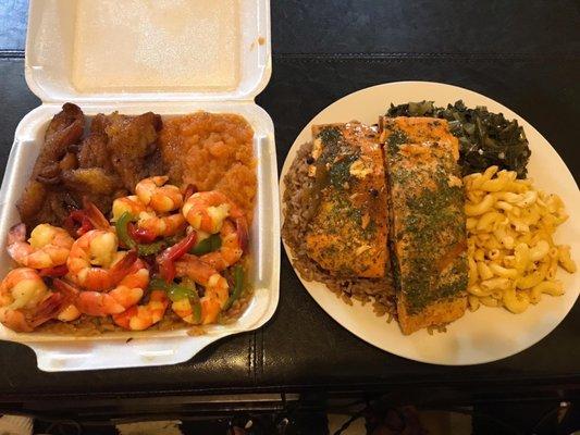 Curry Shrimp Platter w/ Plantains & Yams. Salmon Platter w/ Mac N Cheese & Greens