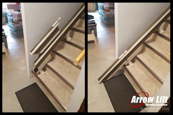 A retractable rail can be installed allowing the rail to be stored entirely on the staircase to maintain a clear walkway.