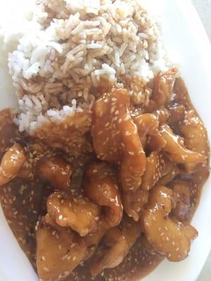 Sesame chicken with rice.