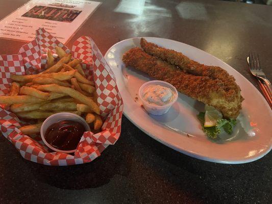 Canadian Walleye, fried, w/ French fries and side of BBQ