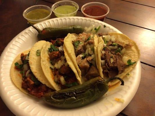 2 al pastor, carnitas, and lengua.