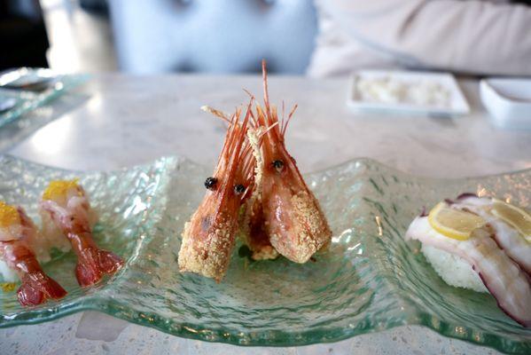 Amaebi with fried shrimp head (served with ponzu sauce) and tako on the right