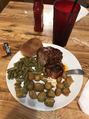 BBQ Brisket Dinner with Green Beans, Fried Okra and a Roll (served with honey and "butter")