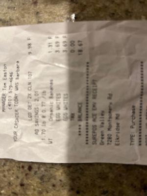 The receipt showing the duplicate item.