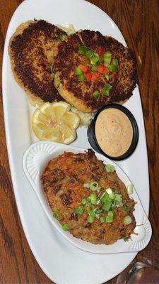 Crab cake dinner with a twice baked potato instead of roasted veggies.