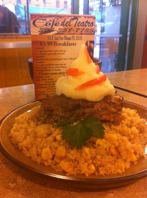 Meatloaf cup cake style with quinoa pilaf and mash potato top