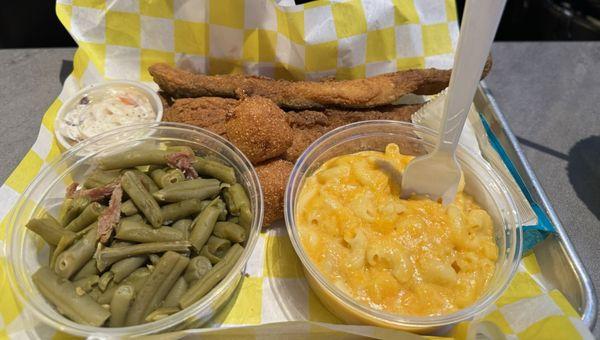 Fish Platter (Whiting) String beans & macaroni and cheese