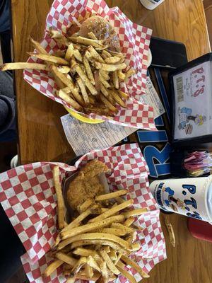 Chicken tenders, fries. Grilled chicken sandwich