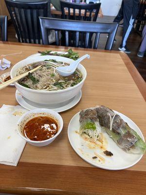 Pho Tai with Meatballs and Pork Spring Rolls.