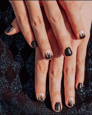 Black and white sparkle flame print nails