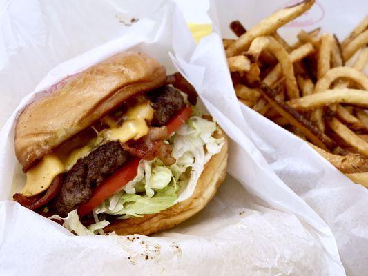 Locals Only burger $6, Garlic Fries $2.5