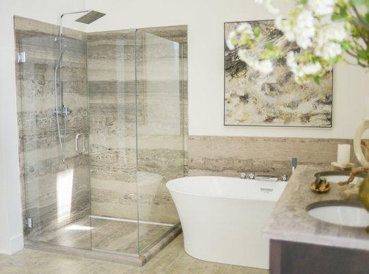 Stratus Brown shower with full-euro light shower enclosure and Beijing freestanding tub.