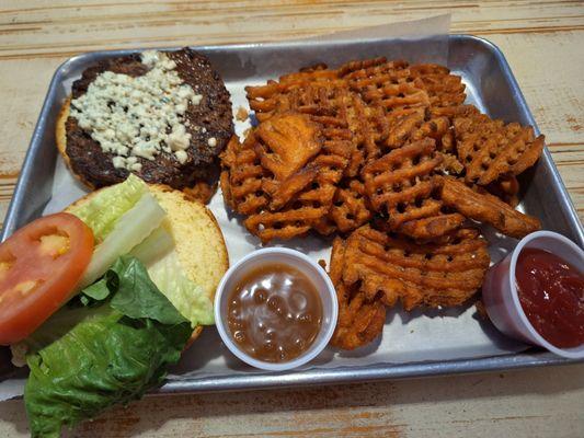 Black & Bleu burger with sweet potato fries