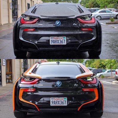 BMW i8 wrapped in two tone adgraphics_na Gloss Black and tinybotvinyl Gloss Laser Flip Orange!