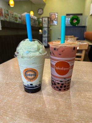 Avocado Snow Bubble reg size and Strawberry milk tea Lg size- both with boba