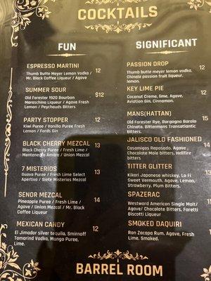 Updated cocktail menu