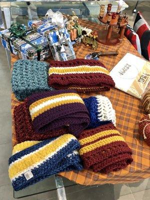 Scarves and beanies in school colors