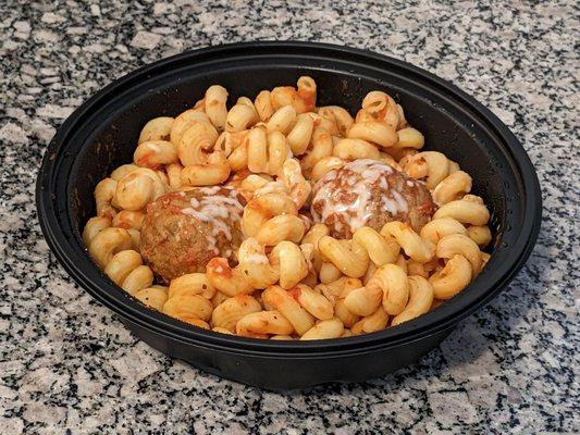 Linguine and Meatballs, but with cavatappi instead of linguine. Definitely could have used more sauce!