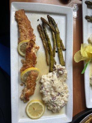 Chicken frances with mashed & asparagus