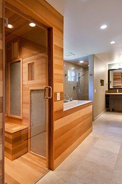 Custom home master bath with travertine floor