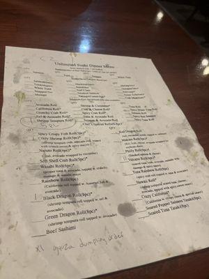 Disgusting "menu" received back from kitchen.