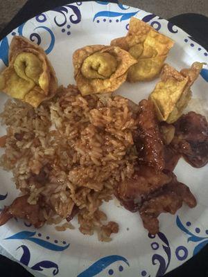 General tsos chicken, fried rice and fried wontons