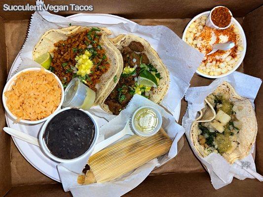 Al Pastor, Asada & Potato Vegan Tacos w/black beans, rice, esquites and one vegan tamale.