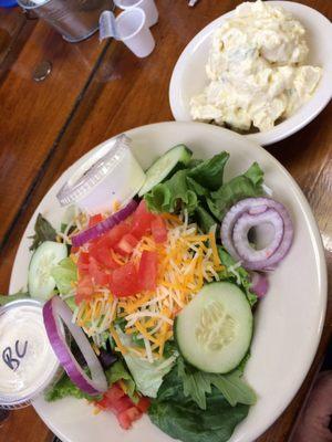 House Salad with Blue Cheese Dressing. Oh and side dish Potato Salad.