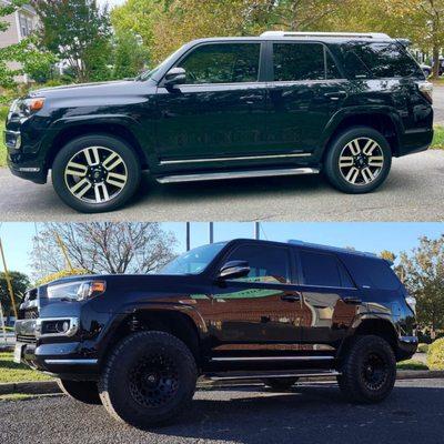 Before/after 3" toytec lift with Bilstein shocks, UCA, 17 in black rhino wheels, 285/70/17 wild peak Falken tires