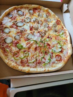 Pepperoni, half green pepper, half sausage, and 2x extra cheese