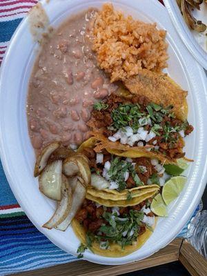 Al Pastor tacos, Jalapeño taco, beans and rice