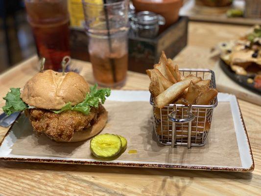 Honey fried chicken sandwich with fries