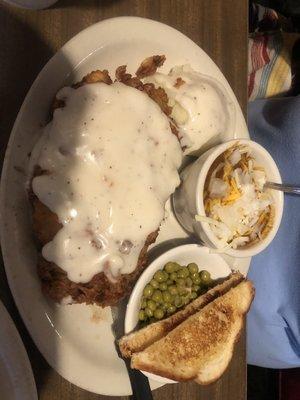 Chicken Fried Steak, peas, chili