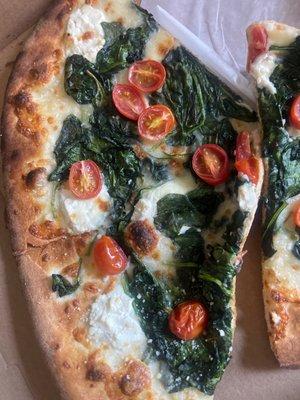 Leftovers for lunch today of my yummy white pizza with spinach and tomato