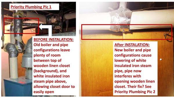 Pipes in basement before and after they installed new boiler. They lowered the pipes so we couldn't open a cabinet