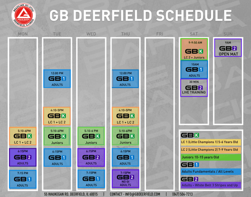 Current Class Schedule!  For more information and to schedule a trial class: (847)504-7213 : info@gbdeerfield.com : gbdeerfield.com