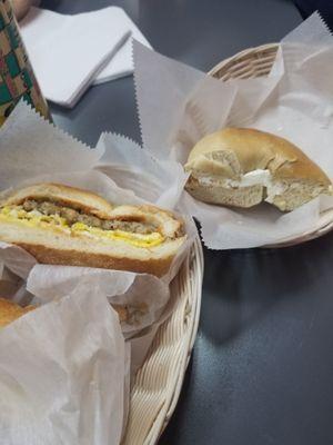 Sausage,  egg, and cheese on a bun breakfast sandwich  Also plain bagel and plain cream cheese