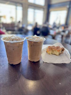 Toffee nut latte / Vanilla Latte / half eaten bear claw