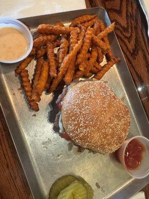 Smash burger and sweet potato fries