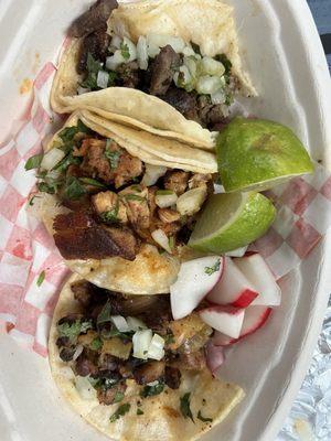 Tacos from Top: Asada (steak), Middle: Apollo (chicken) Bottom: Al Pastor (marinated pork)