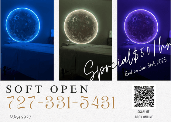 Soft Open Special ONLY $50/hr no matter Relaxation Massage or Deep Tissue Massage. Offer will end on Jan 31st, 2025. Don't miss it! Book now